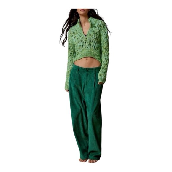 Urban Outfitters BDG Killian Quarter Zip Sweater Large Green Chunky Knit Cropped - Picture 1 of 10
